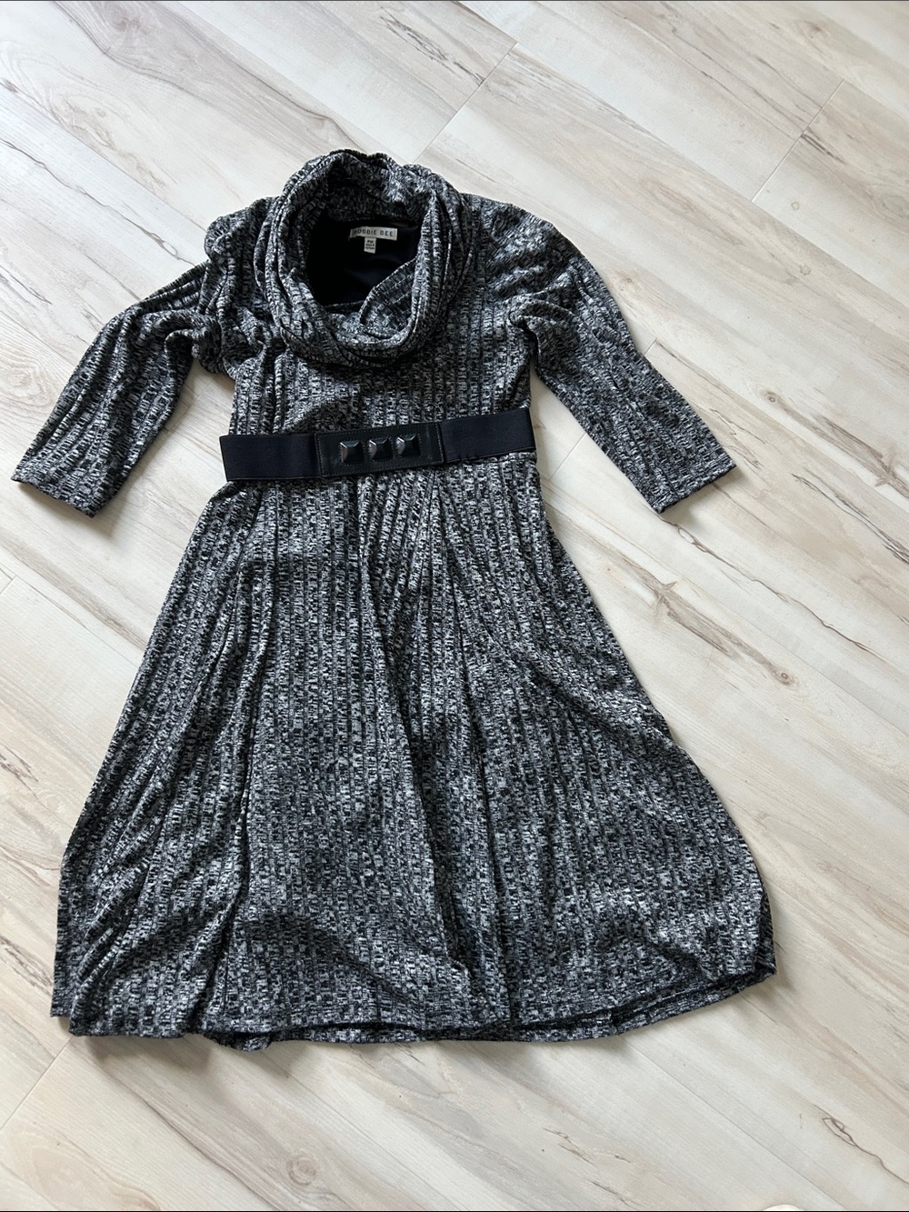Robbie Bee Black Heathered Ribbed Cowl-Neck Dress with Waist Belt